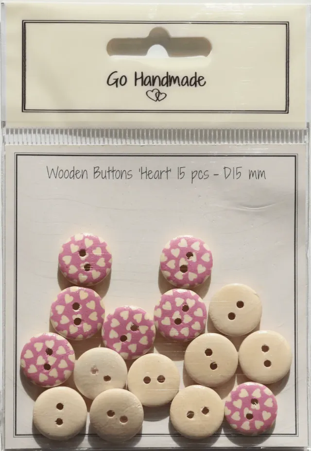 Go Handmade Heart design Holzknopf 15mm pink 15 Stück