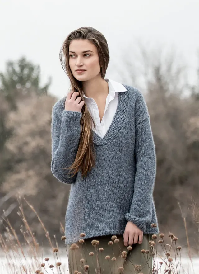 Blue Sky Fibers Silver Lake Sweater Strickanleitung V-Ausschnitt