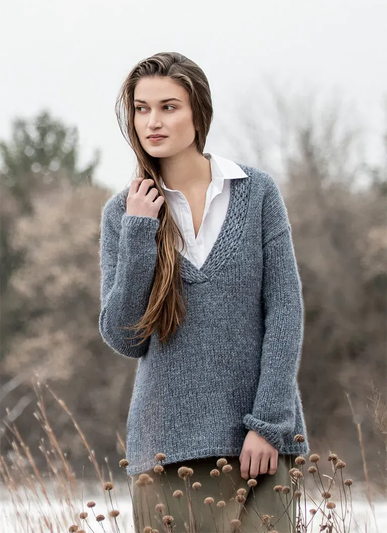 Blue Sky Fibers Silver Lake Sweater Strickanleitung V-Ausschnitt