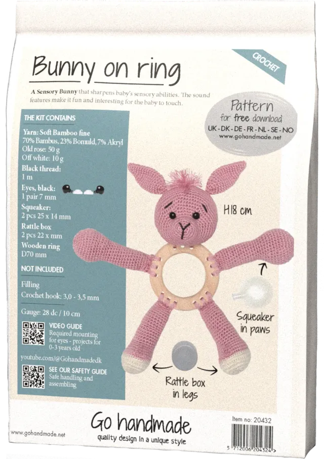 Go Handmade Bunny Greifring Häkelkit 18 cm altrosa Rassel